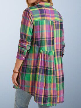 Tulip Colorful Plaid Button Down Tunic Shirt Lagenlook Art To Wear Size Large